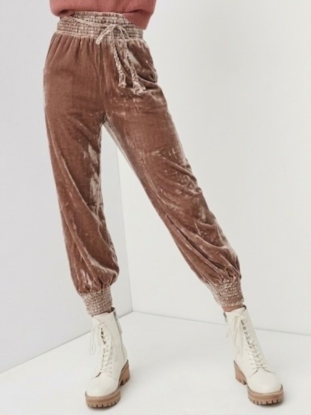 Anthropologie Gloria Velvet Jogger Pants Taupe Smocked Waist M Boho Athleisure